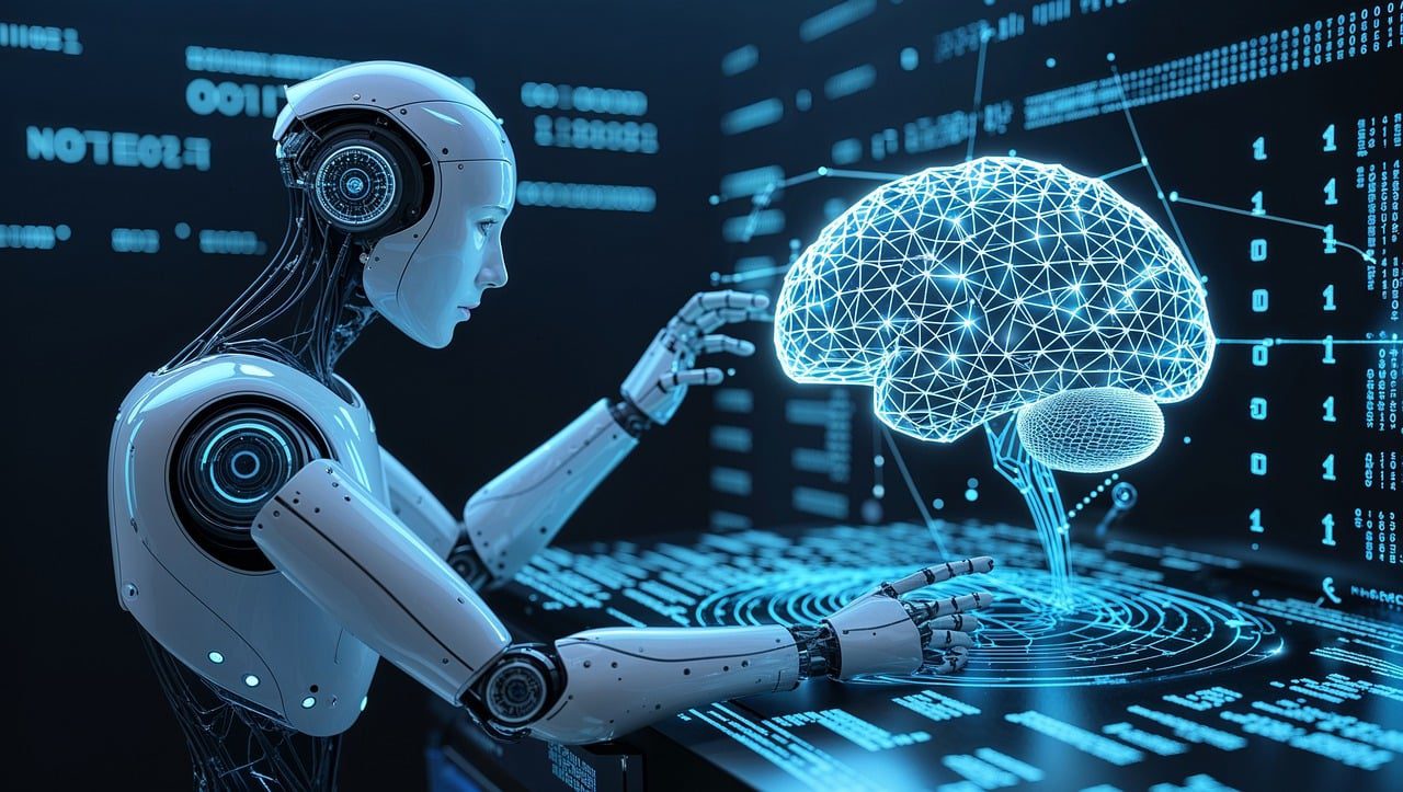GPT시대 AI 로봇이 가상 환경에서 디지털 뇌를 분석하며 인공지능을 활용하는 장면