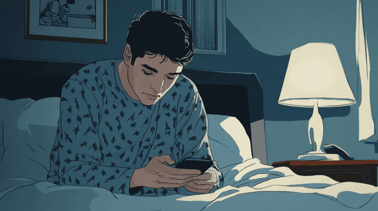 침대에 앉아 스마트폰을 들여다보며 잠 못 이루는 남성의 일러스트